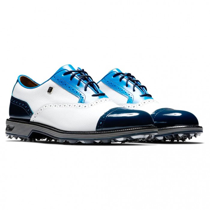 White Pebble / Blue / Navy Men's Footjoy Premiere Series - Tarlow Spiked Golf Shoes | US-53028ZL