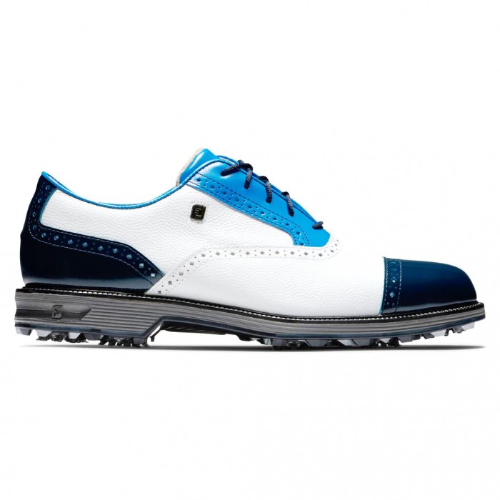 White Pebble / Blue / Navy Men\'s Footjoy Premiere Series - Tarlow Spiked Golf Shoes | US-53028ZL