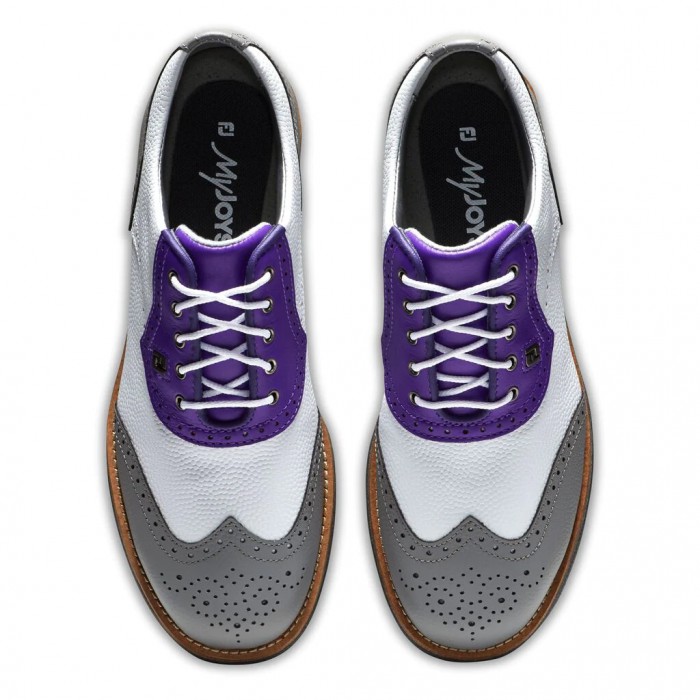 White Pebble / Grey Pebble / Purple Women's Footjoy Premiere Series - Shield Tip Spiked Golf Shoes |