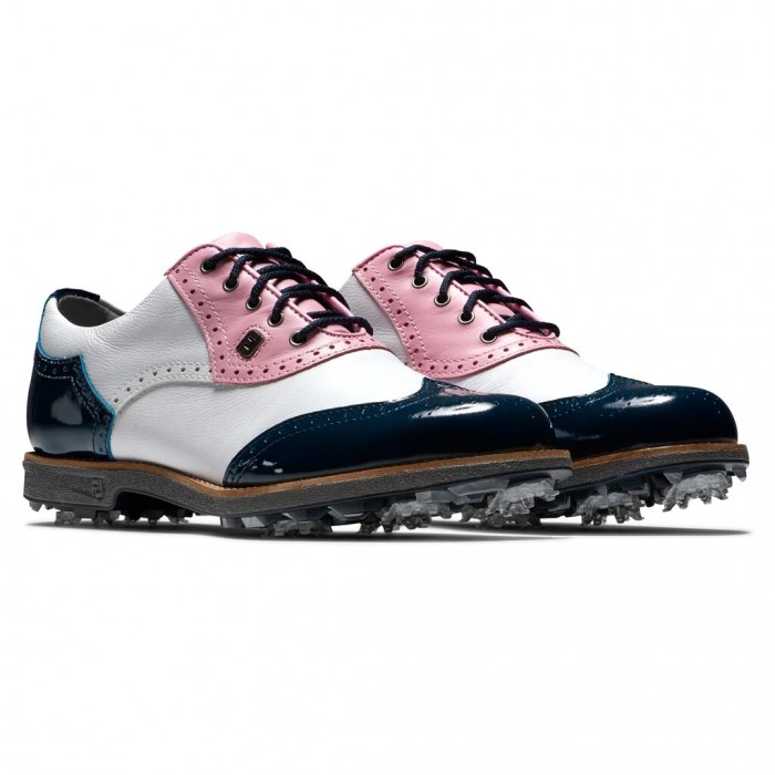 White / Pink / Navy Patent Women's Footjoy Premiere Series - Shield Tip Spiked Golf Shoes | US-97145