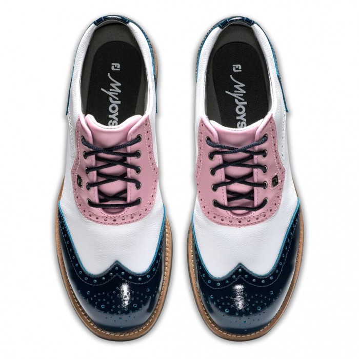 White / Pink / Navy Patent Women's Footjoy Premiere Series - Shield Tip Spiked Golf Shoes | US-97145
