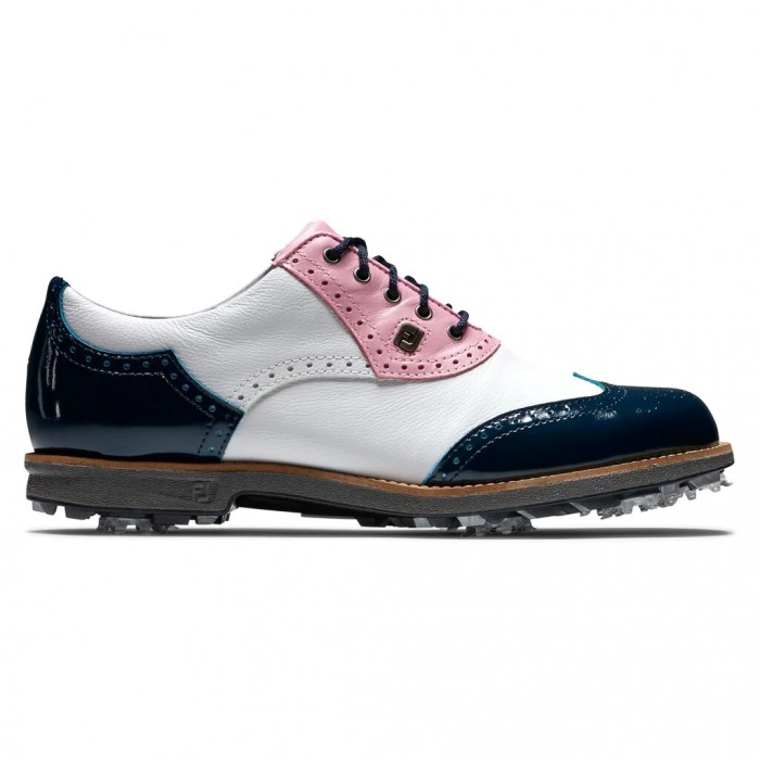White / Pink / Navy Patent Women\'s Footjoy Premiere Series - Shield Tip Spiked Golf Shoes | US-97145