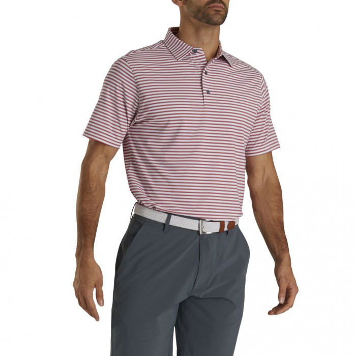 White / Red / Navy Men's Footjoy Stretch Lisle Pinstripe Shirts | US-84359CA