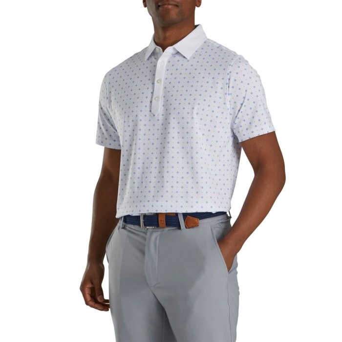 White / Royal Men's Footjoy Athletic Fit Deco Print Self Collar Shirts | US-51349KG