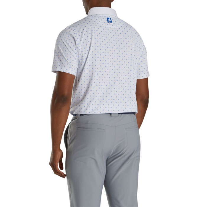 White / Royal Men's Footjoy Athletic Fit Deco Print Self Collar Shirts | US-51349KG