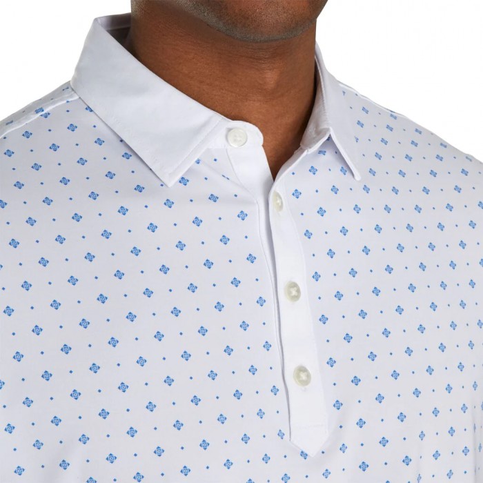 White / Royal Men's Footjoy Athletic Fit Deco Print Self Collar Shirts | US-51349KG