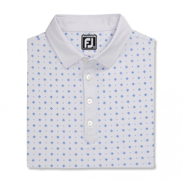 White / Royal Men\'s Footjoy Athletic Fit Deco Print Self Collar Shirts | US-51349KG