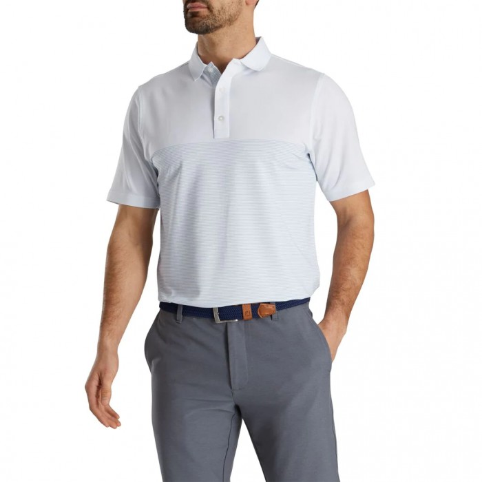 White / Royal Men's Footjoy Lisle Engineered Pin Stripe Self Collar Shirts | US-86473UT