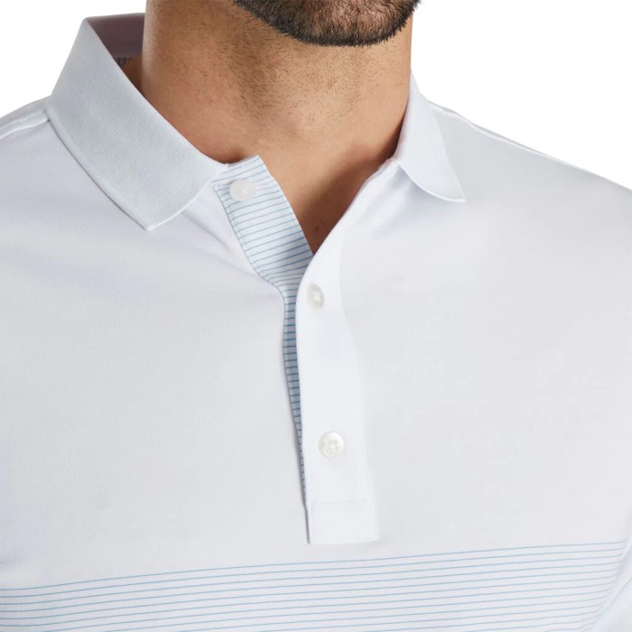 White / Royal Men's Footjoy Lisle Engineered Pin Stripe Self Collar Shirts | US-86473UT